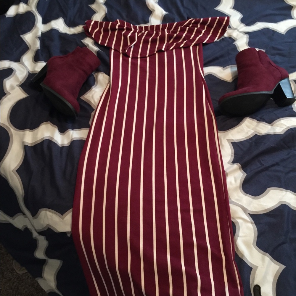 Burgundy & white striped, Off the shoulder dress